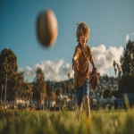 **Image from slightly above eye level: a 10-year-old boy wearing blue shorts and an ochre t-shirt stands on a lush green park lawn, mid-action as he throws a baseball directly toward the viewer. A baseball glove is on his hand, and the ball floats mid-air above him. He is looking directly at the camera. Natural sunlight with soft shadows illuminates the scene. The background features a clear blue summer sky, distant trees, and buildings along the horizon. Full-body view, professional color grading, clean sharp focus, no grain, cinematic quality. Shot with a Sony Alpha A7 III and Zeiss ultra-macro lens, f/2.8 aperture, high resolution:: --aspect 16:9 --s 250** - Image #4 <@1220830039520841890>