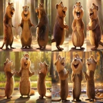 **A 3-view character turnaround of a cute and silly-looking anthropomorphic cartoon beaver, shown in front view, side view, and back view, with very soft and finely detailed fluffy fur, big round eyes with an innocent expression, a wide open-mouthed smile showing small teeth, chubby rounded body, short limbs, and a large flat tail in the back view. The lighting is warm and gentle, with consistent proportions, set on a beige background with horizontal guide lines, clean and high-resolution illustration --v 6.0 --ar 16:9 --sref <https://s.mj.run/SdG-GUEyRSw> --sw 100** - <@568812885007007745> (fast)
