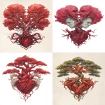 **tattoo design of an epic, red heart-shaped tree with the roots and trunk intertwined in love, with faces on top, white background, concept art in the style of peter mohrbacher and artgerm, fantasy art style, symmetrical composition, watercolor, hyper-realistic, high resolution, high contrast, professional color grading, soft shadows, sharp focus, illustration, smooth gradient. --ar 45:64** - <@1371932184197206056> (fast)