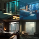 **Background, landscape image with an aspect ratio of 16:9, background for an ADV game, image of a hotel room in an urban area located between buildings** - <@280276404451540994> (fast)