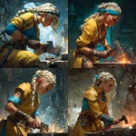 **Blonde Blacksmith women with a distinctive braided hairstyle, often with a blue hair band, wearing a yellow leather outfit, forging an axe, high-res with background, magic the gathering art style** - <@341604543177555968> (fast)