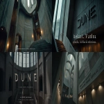 **screen capture of the movie dune, a top-down view of an interior staircase leading to "stylish interiors" in dark gray letters on a wall. above it is written "hazel, vanilla, and black." the architectural style resembles brutalist structures. it has tall windows with rounded corners and lots of wood grain. cinematic, wide shot, moody lighting, muted colors, dark gray tones, 20mm lens, low angle, f/4, bokeh, arri alexa mini. --ar 2:1** - <@554549579131912202> (fast)