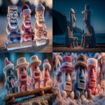 **panorama, moai neon glowing ice sculptures in christmas hats, sitting on cot, drinking🍹or running on the tropical beach ⛱️ radiant sunlight, against gradient azure sea --v 7.0 --ar 16:9 --s 666 --c 5 --raw** - <@1152889510158401576> (fast)