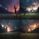**Over shoulder view in the back of a soccer player with number 8 running towards the goal, the ball in front of him. The goal is visible in the distance during a night summer match with beautiful weather and a vivid sunset sky. The stadium is brightly lit. Ultra-high resolution. --ar 16:9 --v 7.0 --p 1dpxt9m** - <@1164481202535792724> (fast)