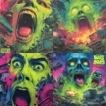 **80s horror B-movie poster style UK bassline cover art, acid rave theme, dripping spirals with tongues out and sweat, chaotic debris, exaggerated lighting, VHS grain, neon green and pink palette, hand-painted airbrush textures, campy sci-fi horror vibe, glowing outlines, dramatic composition, inspired by Phatworld, Mozey, Interplanetary Criminal, --ar 1:1 --v 7.0 --s 850 --q 2 --raw** - <@289277077293760513> (fast)