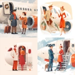 **Pilot and stewardess greeting people on the airplane steps, invite you into the salon, hospitality, cute commercial illustration in light white, beige, orange and bright red tones, add Christmas atmosphere and snow --v 7.0** - <@1178911175929499672> (fast)