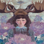 **a girl named Dorothy garland with a mahogany moose head in front a large flower, in the style of detailed portraiture, otherworldly illustrations, wizard of Oz, geometric aesthetics, the stars art group (xing xing), haunting portraits, painted illustrations --ar 74:105 --p 248jcws --s 50 --v 7.0** - Image #3 <@1007106543935823902>