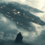 **A cinematic still of an epic interstellar battle between two massive spaceships in the sky. Above are clouds, and below them, a black-cloaked man stands on his feet, looking up at one of the ships with his hand raised towards it. The spaceship has intricate details and many lights that illuminate its surface. The scene is dark and moody, in the style of Roger Deakins, shot from a distance with a wide-angle lens, a movie screenshot with a cinematic composition and muted colors. --ar 105:128** - Image #1 <@264129597782753313>