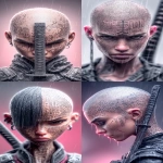 **orc woman, fangs, in the heavy hard rain, tempest, lightining, incandescent katana, tattooed head, super vitreous blank white eyes like empty blind eyes, editorial illustration of a young cyberpunk Asian girl warrior, punk hair cut half bald, from the underground cluber Tokyo drift club subculture, dendrokinetic Gang tattoo, blurred makeup, angry, kanji, --ar 3:5 --raw --p f6gpn1a sw3hfp8 --stylize 750 --v 7.0** - <@1054482006731395092> (fast)