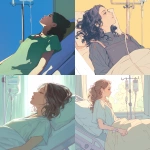 **side view of a woman lying on an hospital bed --niji 6** - <@1145988575888953424> (fast)