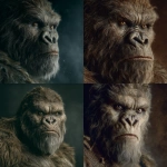 **Sasquatch medium portrait, piercing intelligent amber eyes with deep emotional depth, weathered ancient face with prominent brow ridge, coarse dark brown fur with silver streaks catching dramatic lighting, massive shoulders filling frame, Annie Leibovitz signature dramatic chiaroscuro lighting, soft diffused key light from left creating strong shadows on right side of face, rich earth tones and deep blacks, medium format camera aesthetic, shallow depth of field with razor-sharp focus on eyes, environmental smoke or mist in background, raw emotional intensity, primal wisdom in expression, photojournalistic intimacy, Leibovitz's characteristic bold contrast and storytelling composition, studio quality lighting setup, hyperrealistic detail in fur texture and facial features --chaos 10 --stylize 750 --q 2 --raw** - <@732327869820305450> (fast)