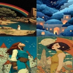 **Princess in castle with 🌈 🐲. Style of Moebius, Alphonse Mucha, and Maxfield Parrish. --c 45 --ar 1:2 --v 7.0 --s 750 --raw** - <@344228814332887040> (fast)