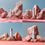 **a bottle of white skincare product is placed on top of red sand, surrounded by pink rocks and a light blue background with an asian woman posing behind it. the scene was captured in a minimalist style using a canon eos r5 mirrorless camera paired with an rf24-70mm f/2.8 lens. it features soft lighting, neutral tones, and the beauty model showcases the unique texture of the rock surface. this high-quality photograph captures every detail of this elegant and minimalistic setup. - - C50** - <@1096007582616928276> (relaxed)