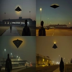 **Night scene Langley AFB, lone witness on walking track in foreground, black equilateral triangle UAP hovering far in distance above NASA hangar building, craft small in frame due to distance, craft exterior to hangar floating in night air, bottom surface showing sharp triangular geometry with pointed corners, EXACTLY four white lights total - three small corner lights at triangle vertices plus one large center light, thick golden yellow aura glowing from craft top, witness large silhouette in immediate foreground, empty military base minimal lighting, single car near distant hangar for scale reference, wide angle shot emphasizing distance between witness and craft, clear night sky background, craft appears distant and small overhead --ar 16:9 --v 6.0 --no close craft, large UFO, hangar interior (jmyers2_Night_scene_Langley_AFB_lone_witness_on_walking_track_i_d2db5b3a-5ad4-490a-bb47-ea209ec793f2.png) (jmyers2_Night_scene_Langley_AFB_witness_on_track_black_triangle_87904b2e-7559-44de-a911-e860271a6444.png) --iw 0.5 --raw** - <@701603354954170449> (fast)