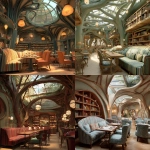 **the interior design of an elegant, cozy fantasy cafe features a striped sofa, tables and chairs, bookshelves, and a skylight in the shape of tree roots, in the style of pixar.** - <@450898678975168513> (fast)