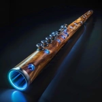 **natural wood didgeridoo-trumpet hybrid instrument, many small steel trumpet valves, protruding metal trumpet valves, dark background, high-tech cyber didgeridoo trumpet, futuristic design, cyber aboriginal artwork, sidelit, thin blue neon striplights, silver didgeridoo --v 6.0** - Image #2 <@994500001264840706>