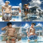 **hyper-realistic illustrations, an asian high school male student wearing swim shorts. the background features a two-story modern-style building with large windows and a blue sky. this scene captures their friendly interaction amidst the bright sunlight, creating a cheerful atmosphere that radiates youthful energy. this is an ultra-wide shot. --ar 3:4 --profile xklskav** - <@409716268476923920> (fast)