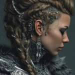 **close-up of a fantasy fierce Viking female warrior's intricate hairstyle with iridium adornments, --v 7.0** - Image #4 <@559099678189289495>