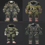 **A flat, straight-on elevation illustration of a retro-futuristic astronaut suit designed in the style of Syd Mead and vintage 1980s sci-fi comics. The suit stands centered on a charcoal black or dark gray background with no shadows or lighting. Rendered with bold outlines, clean panel divisions, and no perspective depth. The design features a large chrome bubble helmet, segmented armor-like paneling in olive green, and oversized Moon Boots with bubblegum pink accents. Chrome silver details and sparse lemon yellow touches complete the palette. The style is purely graphic solid fills, no gradients, no realism. Feels like a gear schematic for a space-racing pilot aboard a spacecraft, printed as part of a vintage Moon Boot command deck manual. --v 6.0 --ar 9:16 --raw** - <@1053079618342633592> (fast)