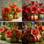 **dendrokinetic realistic pumpkin floral arrangement with fresh red flowers, green leaves, berries, and moss. the flowers look natural and alive with soft petals and fine texture, slightly moist and sunlit. arranged in small pumpkins as table decoration. ultra realistic photography, natural daylight, shallow depth of field, soft focus, high-resolution DSLR photo, no artificial flowers, no digital art, no plastic texture** - <@1332980035736440915> (fast)