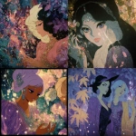 **hand-illustrated anime stills. Belladonna of sadness meets Disney. fantastical gothic sci-fi. gothic glam women, of different ethnicities, some overweight, magical in lens flare toned opulent clothing. Encrusted with diamonds, Leaves, silk, florals. Eerie neon mist traces outlines of surroundings. witchcraft, casting spells by moving glittery energy with their hands, reading lacy books, stirring a black cauldron of potion, secrets, sweetness, forest made of iridescent flames, sunsets, gravity - defying water - 1970s aesthetic. Blue, peach, lilac, green --v 7.0** - <@840730232632639528> (fast)