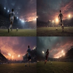 **Over shoulder view in the back of a soccer player with number 8 running towards the goal, the ball in front of him. The goal is visible in the distance during a night summer match with beautiful weather and a vivid sunset sky. The stadium is brightly lit. Ultra-high resolution. --ar 16:9 --v 7.0 --p 1dpxt9m** - <@1164481202535792724> (fast)