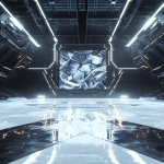 **futuristic sports arena interior, glowing with black, silver and white lights, holographic LED panels stretching across the back wall, fractured ice shard textures embedded in the walls, metallic beams and chrome accents, spotlights shining through thick volumetric fog and icy haze, glossy frozen ice floor with prism reflections and frosty cracks, symmetrical wide cinematic perspective, crisp linear lights adding depth, legendary and immersive high-tech atmosphere, perfect for hockey trading card background --ar 2:3 --q 2 --v 6.1 --raw** - Image #3 <@1007029574430892245>
