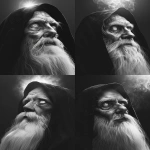 **realistic portrait of a slightly younger wise man with a long white beard and intense eyes, wearing a dark hooded cloak, head slightly tilted upward and facing 3/4 angle, cinematic lighting, ultra-detailed facial texture, soft shadows, ethereal glowing light behind the head, subtle mystical atmosphere, monochrome black and white, 8k, hyperrealistic photography style --ar 3:4 --v 6.0 --no hand, staff, medallion, background symbols --raw** - Variations (Strong) by <@1146806236982034432> (fast)