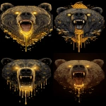 **a grizzly bear, headshot, glowing golden eyes. mouth wide open, mouth dripping glowing golden honey, honey bees, honeycomb, tattoo design, illustrated --ar 9:16** - <@1239390573522190338> (fast)