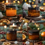**A realistic 2 oz amber glass salve jar with a smooth black lid, surrounded by winter greenery such as pine needles, holly berries, dried orange slices, and cinnamon sticks on a rustic wooden table. A piece of clear quartz and soft candlelight glow in the background, evoking Christmas warmth and healing comfort. No text. --v 6.0 --s 750** - <@1090630909448949831> (fast)