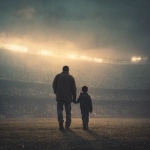 **father and son holding hands in a football stadium, they are far from the photo, fans in the background** - Image #2 <@450124934837043201>