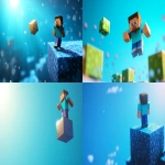 **one minecraft figure standing on one block, the block is flying in the air, background is bright blue and clean, Minecraft style, --ar 16:9 --v 6.1** - <@1078550585051205643> (fast)