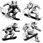 **black line art illustration, simple tattoo-style outline, dynamic snowboarder mid-jump, clean bold lines, minimal shading, white background, detailed winter clothes, expressive motion, wild boar head instead of the original head, large tusks, aggressive expression, smooth flowing linework, high contrast, stylized minimalistic design --v 6.0 --ar 1:1 --raw** - <@1411409201405624532> (fast)