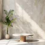 **The purpose of the image is to document furniture form only, not decoration. Studio-style interior photo for furniture catalog use. A single empty plant stand or pedestal centered in the frame. The pedestal is completely empty. No items on top. No plants. No decor. No accessories. No objects of any kind on the stand or surrounding surfaces. Minimal boho interior design. Light neutral palette (off-white, soft beige, pale wood). Simple plaster wall background. Clean floor or tabletop surface with nothing placed on it. Bright diffused studio lighting, flat, even illumination, no directional light, no visible shadows, low contrast. Symmetrical composition, centered framing, large negative space, product documentation photography style, furniture design catalog aesthetic, DSLR quality, 50mm lens. --ar 4:3 --v 6.0 --chaos 0.5 --raw** - Image #2 <@1090435486935433258>