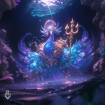 **Over-the-top flashy logo of a peacock god of the sea, neon colors, glitter feathers, golden trident, shiny disco vibes, exaggerated vanity, kitsch fantasy style, bold esport emblem look, glowing outlines, flashy gradients, absurdly glamorous underwater scene --ar 1:1 --s 750 --niji 6** - Upscaled (Creative) by <@1014567976839680070> (fast)