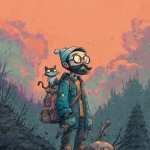 **<https://s.mj.run/RTecCqauTFQ> Reimagine this clean cartoon illustration in a painterly, atmospheric style. Use muted earthy tones blended with halloween colored pastels, textured brush strokes, and hazy gradients in the sky. Hiking through the forest with his cat. In the Pacific Northwest near the mountains during blue hour. Apply loose, expressive linework with subtle shading, crosshatching, and worn textures. Add depth and warmth through cinematic lighting and moody color grading. Expressions should remain exaggerated yet nuanced, balancing humor and melancholy within an atmospheric, storybook-like setting. Color Palette: 20% pastel periwinkle 40% pastel cotton candy 20% pastel sekura pink 10% pastel celadon 10% pastel black** - Image #3 <@757787837981786134>