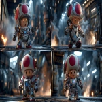 **a cute mushroom-headed character inspired by Kinopio, wearing a futuristic robot armor inspired by classic mecha anime, detailed white and red plated suit with blue highlights, glowing visor, heroic pose, standing in front of a smoky battlefield or launch hangar, dramatic anime lighting, dynamic background, high detail, mecha anime style --v 7.0 --ar 16:9 --oref <https://s.mj.run/dgfYBTKPdkw> --ow 200** - Variations (Strong) by <@1112784568303497357> (turbo)