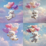 **fluffy white teddy bear flying with pastel heart-shaped balloons, soft fur texture, dreamy sky background, oil painting style, soft brushstrokes, whimsical and cute, pastel colors, highly detailed, fantasy illustration --ar 3:4** - <@1260560390853754923> (fast)