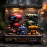 **<https://s.mj.run/8ZWPiUwi6E0> <https://s.mj.run/Zy-CetMk3hk> prizes in an old rundown alien claw machine, Cute Pixar style robots, family made of iridium and rust, red, blue, green, orange, yellow, black, silver, seen thru the glass, black background, sref 129797111 --ar 4:7 --profile xq1185d --v 7.0** - Image #1 <@1002947002323185734>