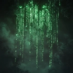 **Abstract cosmic fog dissolving into cascading green digital rain, nebula gases merging with Matrix code streams, dark black void with electric green and cyan bioluminescent particles, ethereal mist tendrils catching phosphorescent light, cyberpunk atmosphere, center composition with negative space --ar 1:1 --v 6.1 --s 200 --c 15** - Image #3 <@342522367383306242>