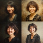 **Yoko Hada, a Japanese woman in her early 60s. Her hair reaches her shoulders. She smiles gently, her eyes soft and embracing. She is slightly plump but short in stature. Portrait. Oil painting style.** - <@1105655477741813870> (fast)