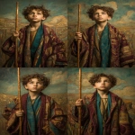 **photorealistic, klimt, A young enthusiastic Middle Eastern boy of royal birth standing holding a tall ornate wooden wand upright, expression of fresh excitement and inspired vision, eyes bright with utsaha enthusiasm and discovery, wearing simple burgundy and teal robes with gold Klimt geometric patterns, royal court in the background, stance suggesting forward movement and exploration, background with open landscape or desert horizon suggesting new beginnings and possibilities, Byzantine gold mosaic patterns subtly in background, atmosphere of utsaha fiery enthusiasm and fresh magnetic center, sense of beginning student with untested but genuine inspiration, jewel tones of burgundy teal gold and warm earth tones, ornate baroque frame, mood of eager discovery and dynamic forward energy, pure enthusiasm before friction arrives, --ar 2:3 --raw** - Variations (Strong) by <@1122608133139857530> (fast)