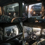 **A hyper-realistic surreal scene of a 10-ton military cargo truck (Mercedes-Benz Atego) sitting inside the driver’s seat of another identical military truck, as if it is driving it. The outer truck is parked or moving on a road, while inside the cabin you can clearly see the smaller truck positioned like a driver. Realistic lighting, detailed textures of metal and canvas, military green paint, sharp focus, documentary photography style.** - <@756861969188913282> (fast)
-# Create, explore, and organize on [midjourney.com](<https://midjourney.com/imagine?from_discord=1>)