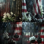 **Symbolic artwork: the scales of justice, one side holding fresh white lilies, the other side burdened with jagged black coal, dramatic shadows, American flag blurred in the background, cinematic composition --ar 16:9 --v 6.0** - <@1273779388386770994> (fast)