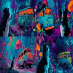 **on the left of the scene A fluffy black mini Australian shepherd with white snout spot. To the right a 1980 T3 mini bus with a trippy paint job , psychedelic glowing mushrooms and plants growing everywhere, trippy artwork, acid trip effect, bright blue background with neon orange, pink , green, turquoise and purple colors, in the style of dan mumford . --ar 9:4 --v 7.0** - <@1006545549706666017> (fast)