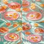**Minimalist aesthetic breakfast scene on a mint-green tiled table, golden sunlight casting soft palm leaf shadows. Perfectly cooked sunny-side-up eggs, buttery croissants, fresh orange slices, and glasses of vibrant orange juice. Pastel pink ceramic plates and elegant cutlery creating a modern yet retro-inspired vibe. Soft, natural lighting, high detail, cinematic composition, ultra HD, 8K --ar 9:16 --sref <https://s.mj.run/s55O3nETuhE> --s 50 --v 6.1** - <@1199200245985316874> (fast)