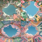 **a colorful illustration of the sky seen from below, with a row of houses in pastel colors and green window frames. the perspective is from above, looking down at these buildings, which have their rooflines on top. there's also an arch made out of flowers in front that forms a circular shape. --ar 85:128** - <@887290959732305930> (fast)