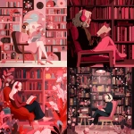 **an abstract illustration of a female with dark blonde hair wearing headphones, sitting in a reading nook with a pink and red aesthetic surrounded by bookshelves and sitting in a chair reading a book** - <@387852951244374018> (fast)
-# Create, explore, and organize on [midjourney.com](<https://midjourney.com/imagine?from_discord=1>)