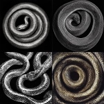 **The lunar snake fills the entire frame, its body an intricate labyrinth of coiling, overlapping curves. The metallic sheen of its scales catches the light, each segment defined by stark, parallel lines that mark the edges of its tightly woven form. There is no background, no space beyond the endless repetition of its own body--an ouroboros without a mouth, a pattern without an end. The folds press against one another, a seamless, geometric rhythm, as if the snake has become less a creature and more a topography of movement, a celestial engraving of its own existence. --s 50** - <@1203771238686793768> (relaxed)