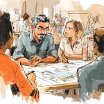 **a group of designers at a table discussing a set of plans, for a graphic for a PowerPoint, more stylistic than photo realistic, image of a Hispanic man and white woman, discussing plans on a table** - Image #1 <@425885932529647627>